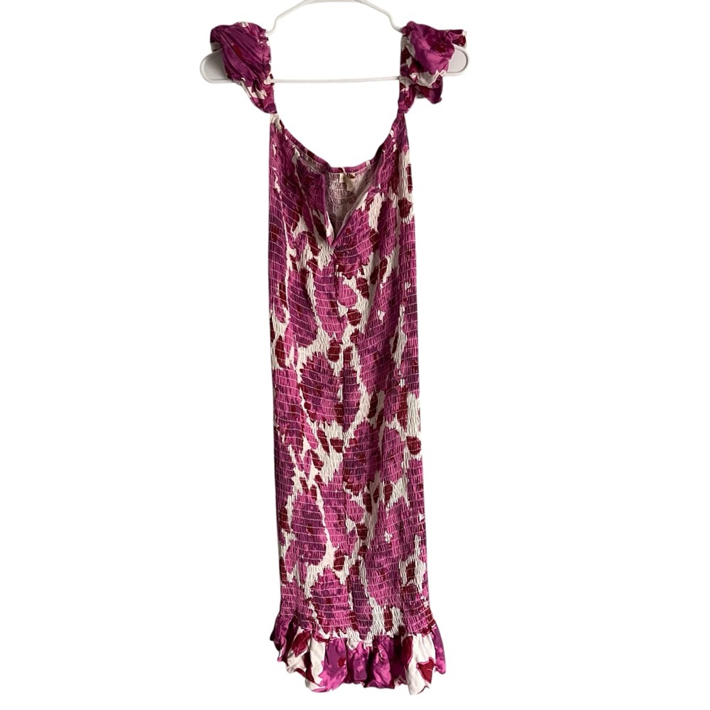 Sun Becomes Her Ruched Floral Midi Dresses Ruffle Off Shoulder Purple Sz 6